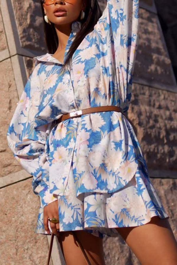 Botanical Print Collared Long-sleeved Loose-fitting Shirt and Elastic Waist Casual Shorts Set