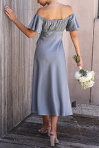 Satin Off Shoulder Flutter Sleeve Sweetheart Ruched Side Slit Midi Dress