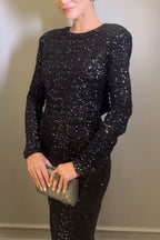 Sequin Long Sleeve Open Back Oversized Bow Maxi Gown