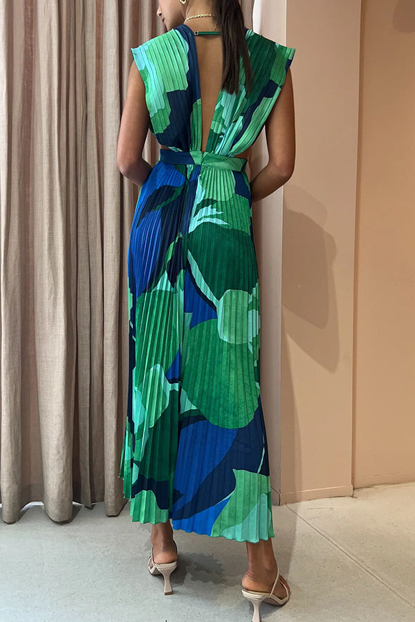 Pleated Deep V-Neck Sleeveless Abstract Floral Print Maxi Dress