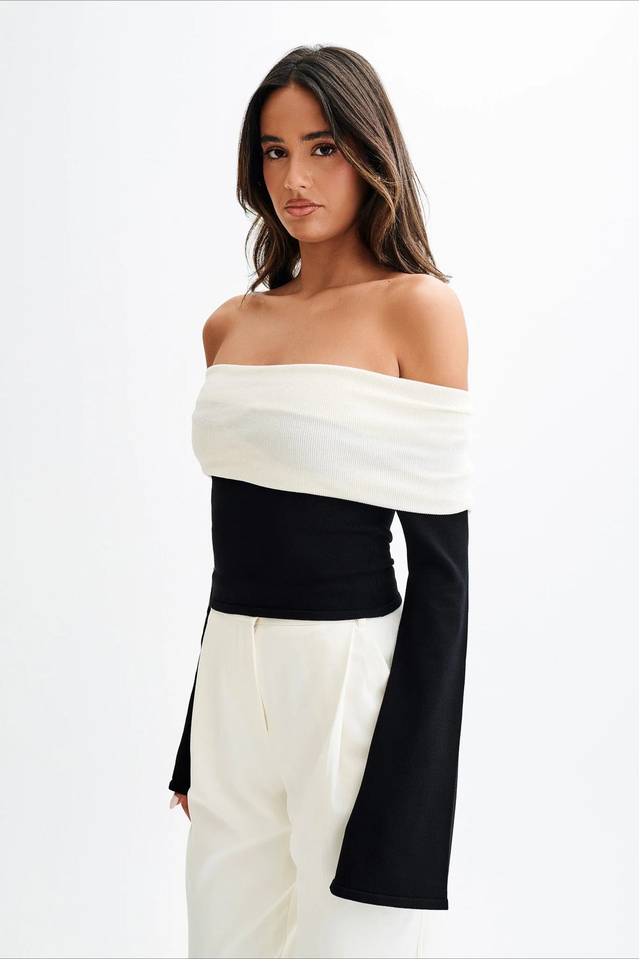 Off-Shoulder Fitted Knit Sweater