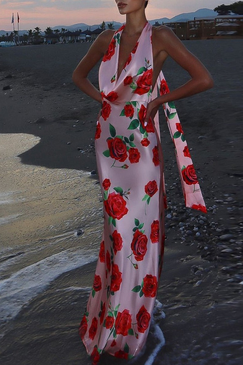 Floral Print Satin Halter Neck Cowl Backless Maxi Dress