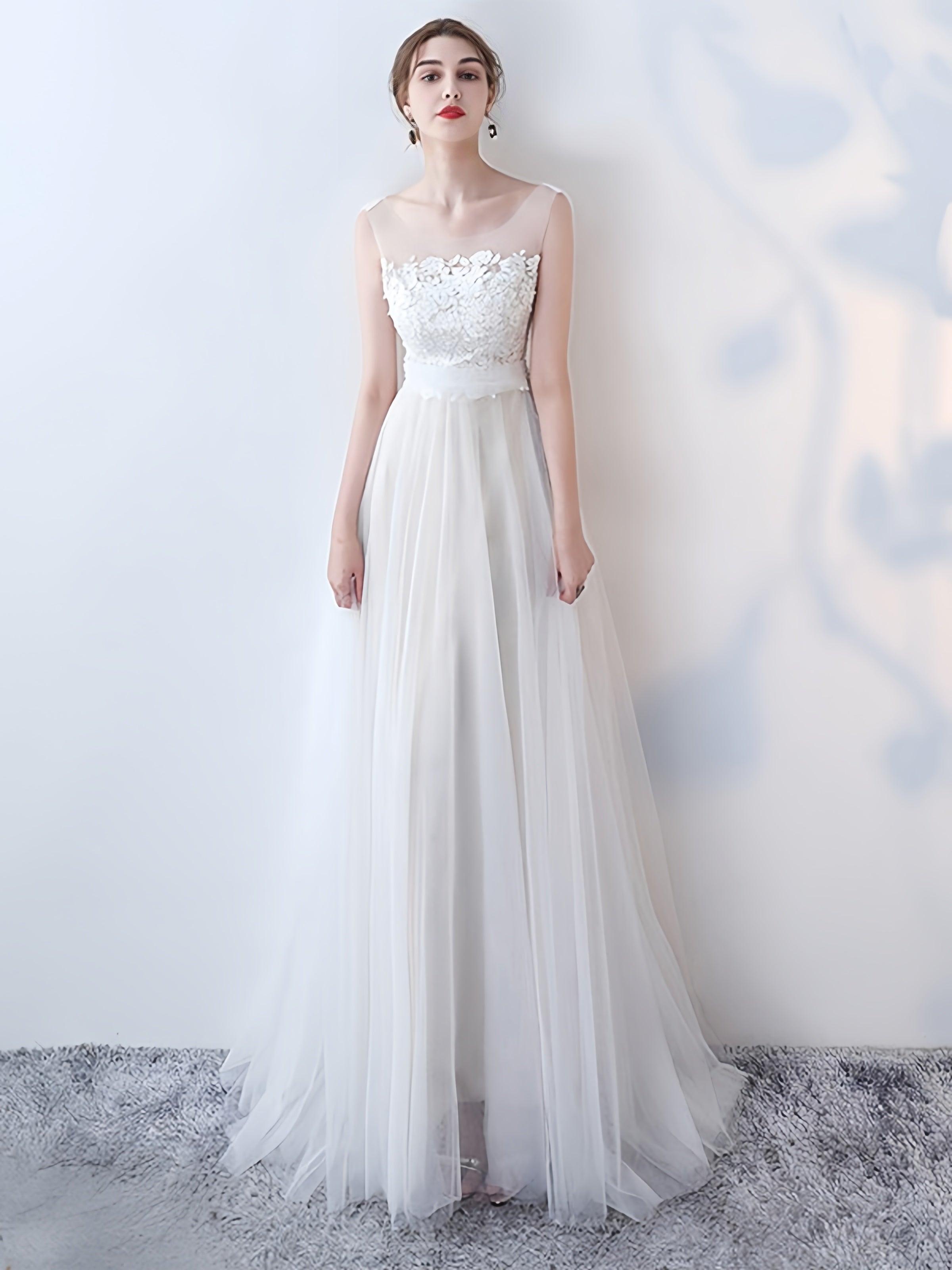 Lace Applique Illusion Neck Pleated Tulle A-Line Floor Length Gown