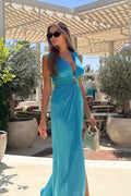 Deep V-Neck Ruched Brooch Waist Draped Maxi Dress