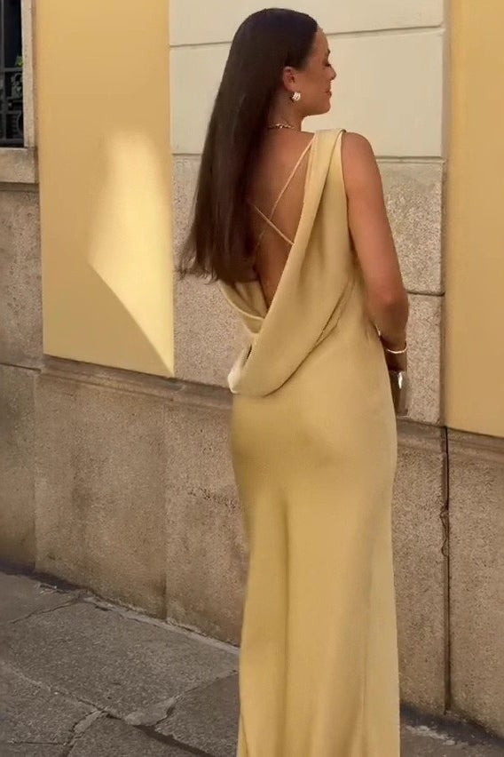 Satin Cowl Neck Wide Strap Sleeveless Bias Cut Maxi Gown