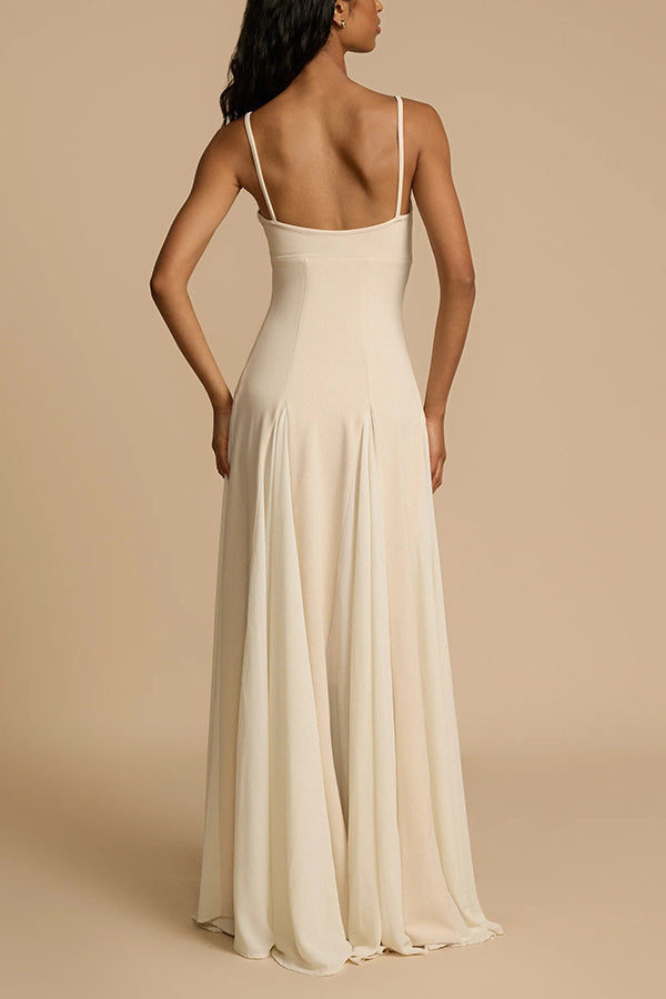 Spaghetti Strap Sweetheart Princess Seam Godet Panel Maxi Gown