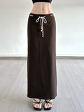 Retro Brown Beaded Lace-Up Maxi Skirt