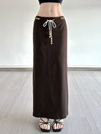 Retro Brown Beaded Lace-Up Maxi Skirt