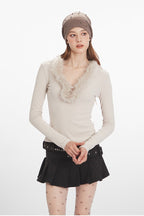 Faux Fur Trim V-Neck Knit Top
