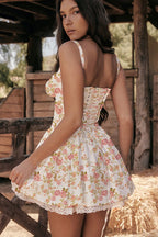 Ditsy Floral Square Neck Lace Trim Bustier Tiered Ruffle Hem Mini Dress