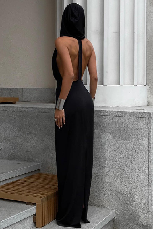 Hooded Deep V-Neck Sleeveless Column Maxi Dress