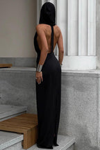 Hooded Deep V-Neck Sleeveless Column Maxi Dress