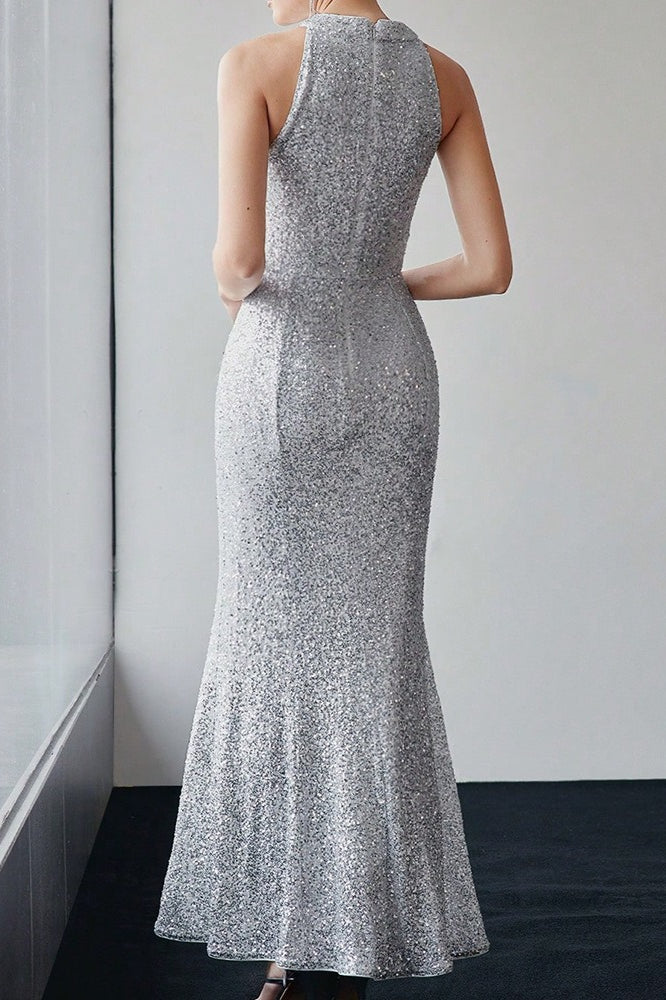Silver Halter Sequin Mermaid Maxi Dress