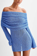Off Shoulder Cowl Neck Long Sleeve Textured Knit Bodycon Mini Dress