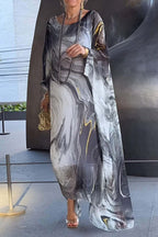 Marbled Print Crew Neck Batwing Sleeve Oversized Kaftan Maxi Dress