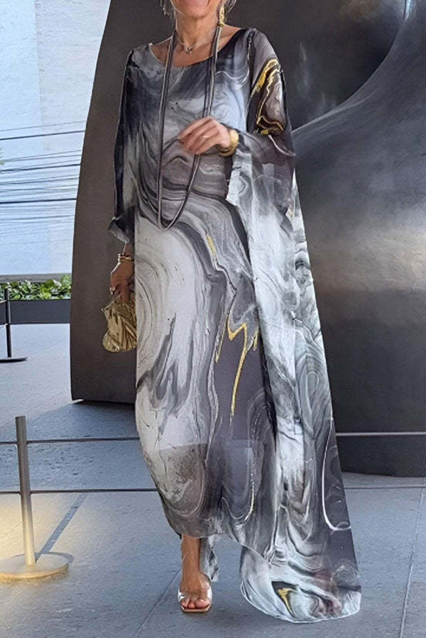 Marbled Print Crew Neck Batwing Sleeve Oversized Kaftan Maxi Dress