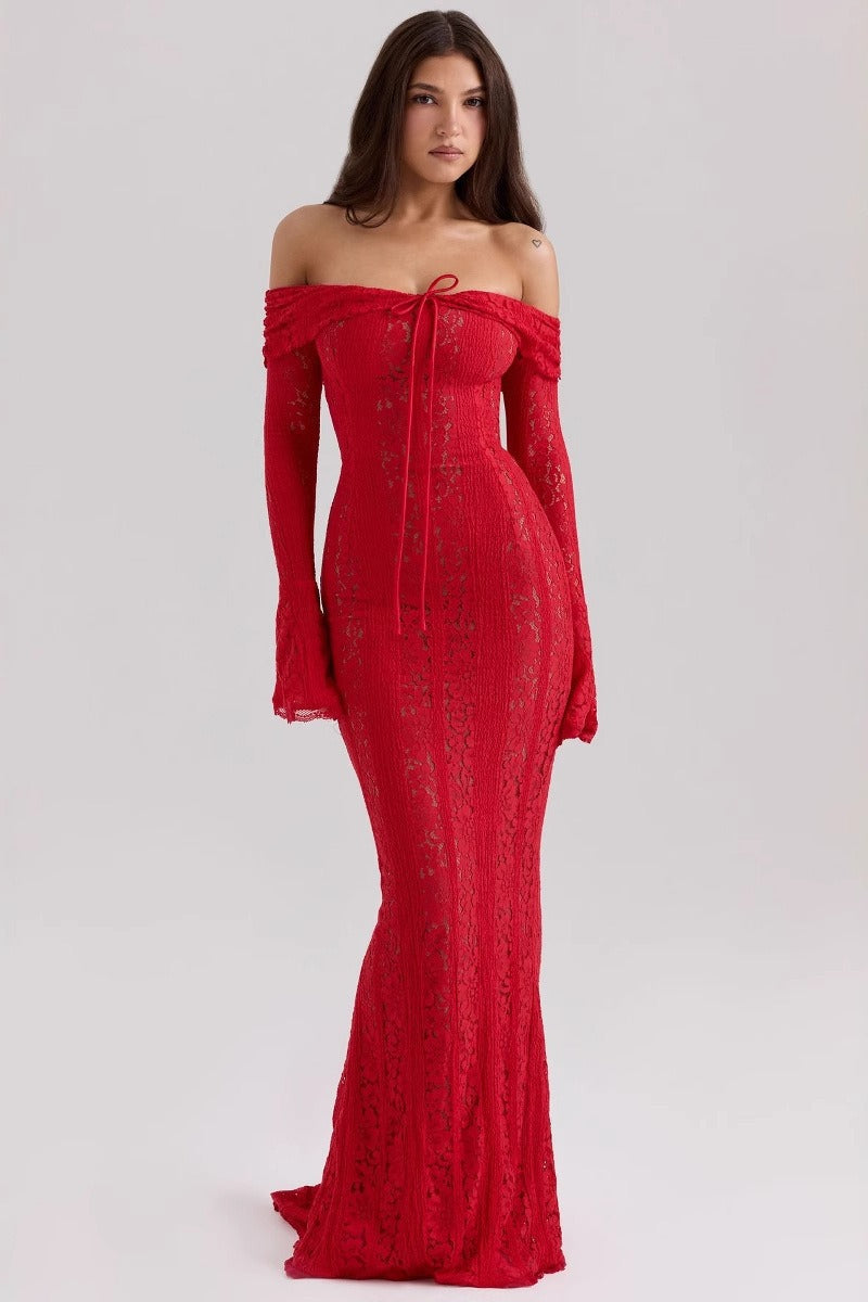 Lace Off Shoulder Bell Sleeve Mermaid Maxi Dress