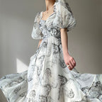Botanical Sketch Print Puff Sleeve Lace-Up Square Neck Tiered Maxi Dress