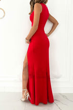 Surplice V-Neck Sleeveless Ruched Waist Side Slit Maxi Dress
