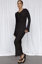 Crew Neck Ribbed Knit Ruffle Cuff Bodycon Maxi Sweater Dress