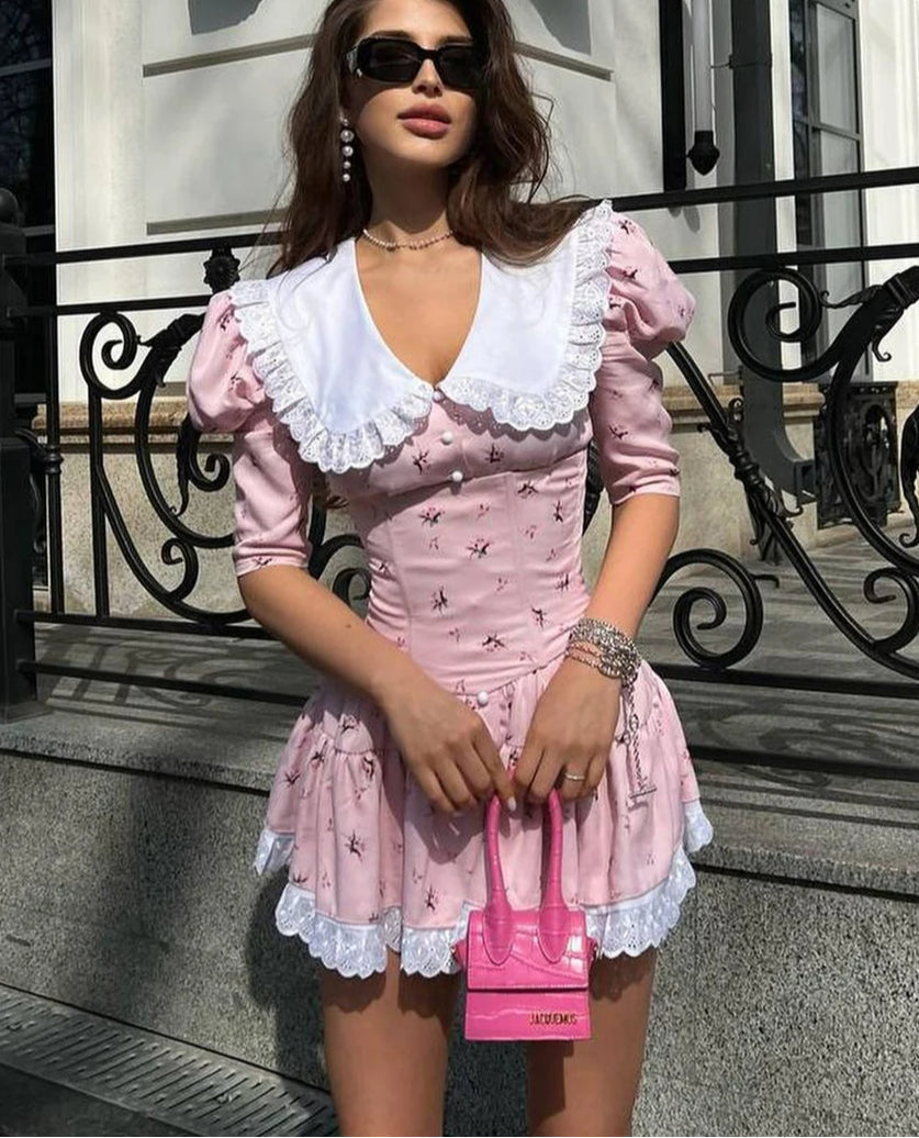 Ditsy Floral Print Eyelet Lace Collar Puff Sleeve Ruffle Hem Mini Dress