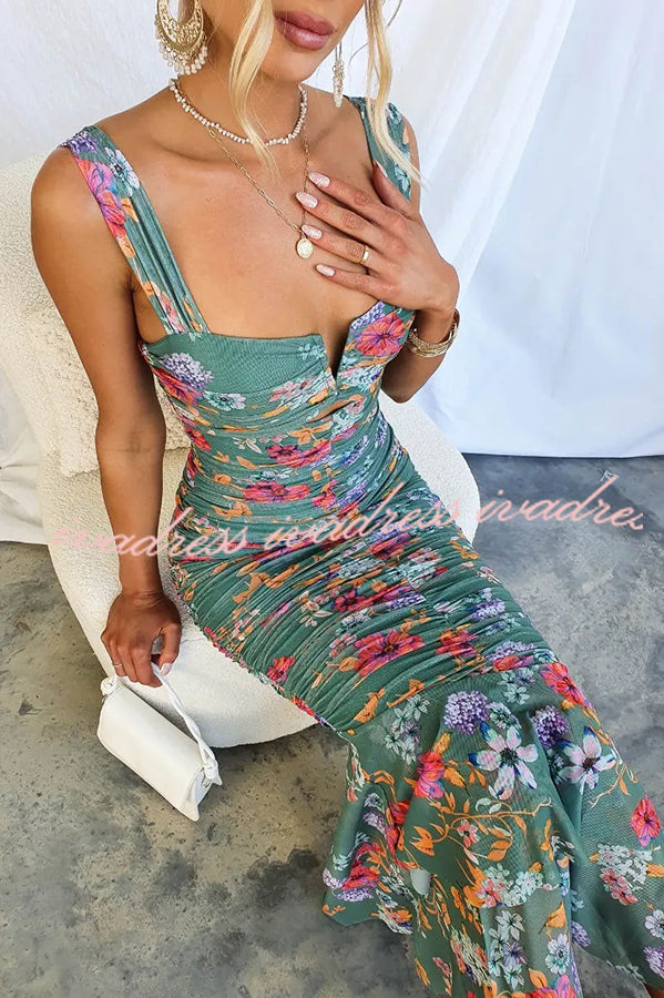 Styled To Perfection Floral Ruched Mesh Overlay Ruffle Hem Maxi Dress