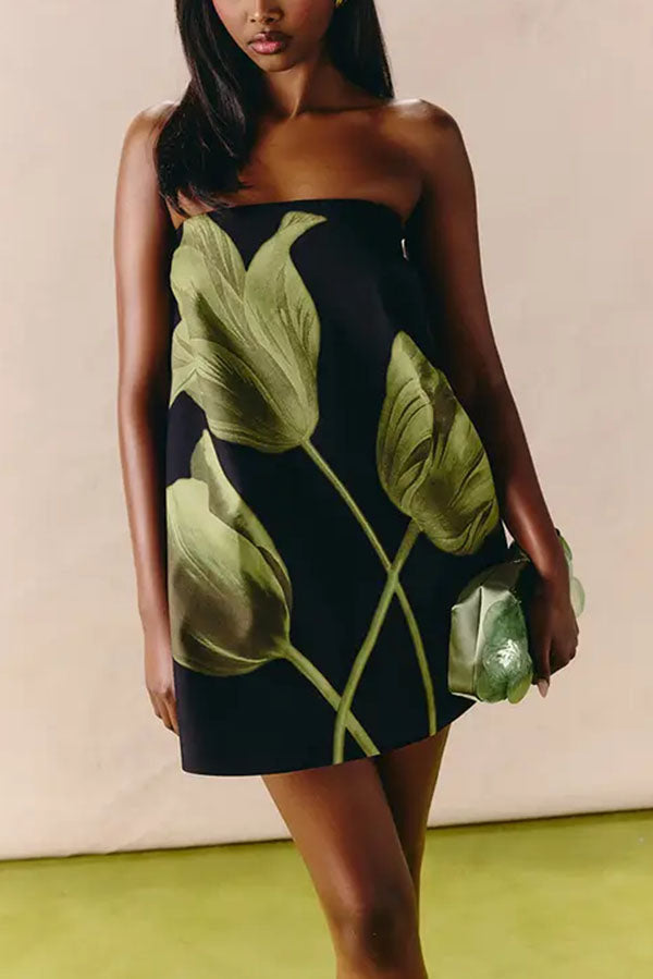 Daphne Retro Botanical Strapless Dress