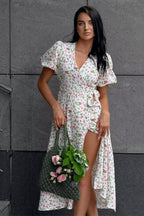 Puff Sleeve Heart Print Wrap Tie Waist Thigh Slit Midi Dress