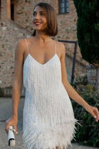 Sequin Fringe Feather Hem Spaghetti Strap Mini Dress