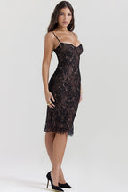 Floral Lace Spaghetti Strap Low Back Bodycon Midi Dress