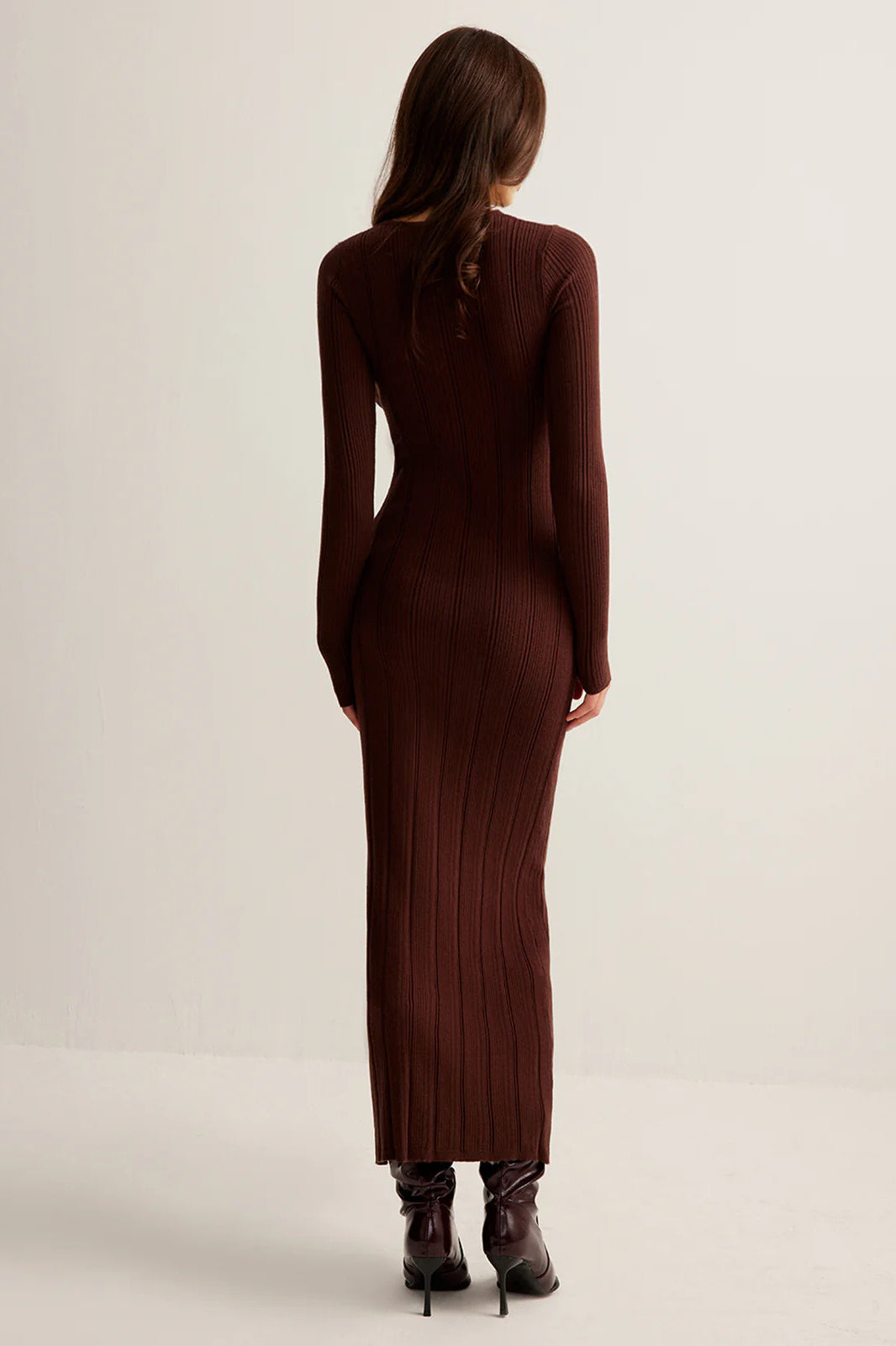 Brown Ribbed Knit Bodycon Dress