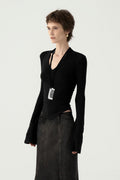 Chic Minimalist V-Neck Fitted Long Sleeve Base Layer