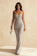 Sequin Glitter Scoop Neck Illusion Mesh Strap Column Maxi Gown