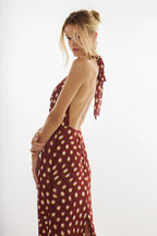 Red Halter Cowl Neck Dropped Waist Gathered Polka Dot Maxi Dress