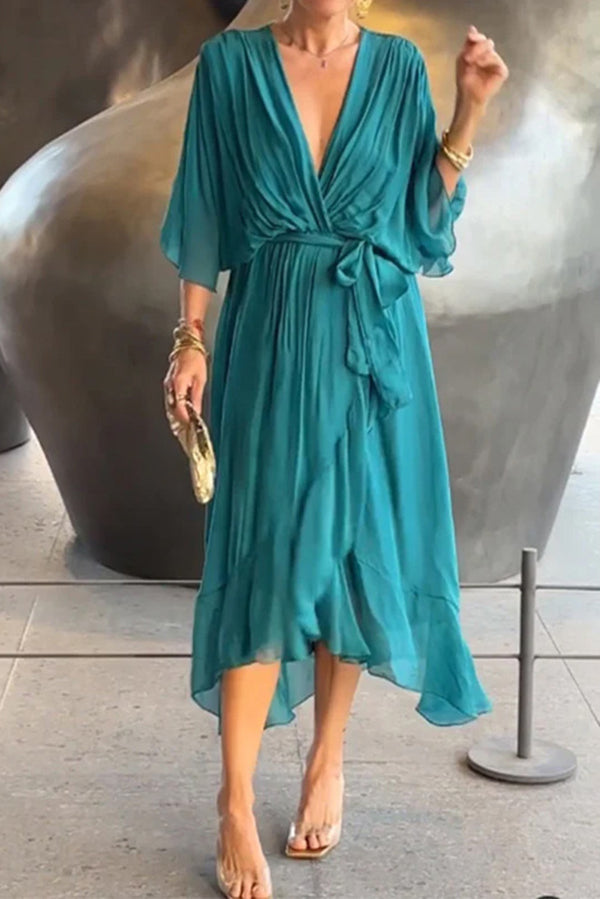 Deep V-Neck Flutter Sleeve Tie Waist Handkerchief Hem Midi Dress