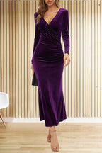 Velvet Wrap Deep V-Neck Ruched Side Long Sleeve Maxi Dress