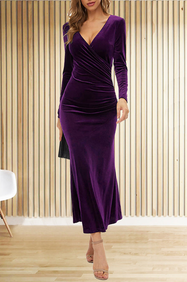 Velvet Wrap Deep V-Neck Ruched Side Long Sleeve Maxi Dress