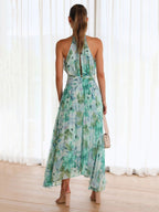 Print Maxi Dresses Floral Sleeveless Halter Elegant Layered Pleated Backless Long Summer Dresses