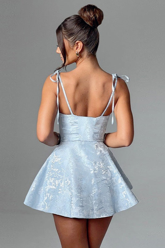 Jacquard Floral Bow Strap Cowl Neck Fit and Flare Mini Dress