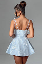 Jacquard Floral Bow Strap Cowl Neck Fit and Flare Mini Dress