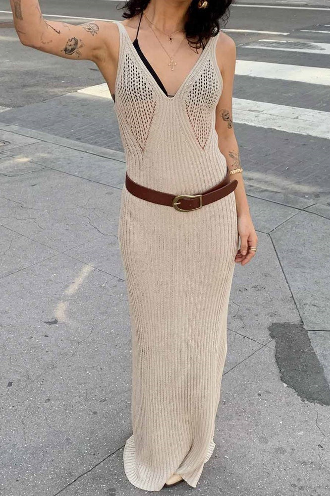 Khaki V Neck Tank Strap Pointelle Panel Rib Knit Maxi Dress