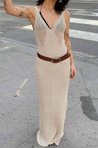 Khaki V Neck Tank Strap Pointelle Panel Rib Knit Maxi Dress