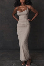 Mesh Lace Trim Corset Bustier Ruched Bodycon Maxi Dress