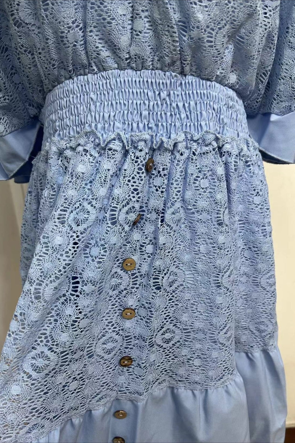 Deep V Neck Smocked Waist Lace Flutter Sleeve Button Front Tiered Mini Dress