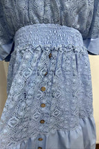 Deep V Neck Smocked Waist Lace Flutter Sleeve Button Front Tiered Mini Dress