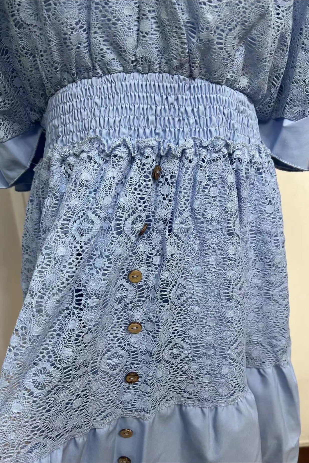 Deep V Neck Smocked Waist Lace Flutter Sleeve Button Front Tiered Mini Dress