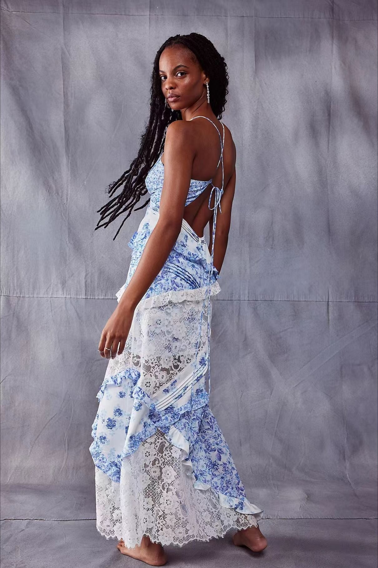 Deep V Neck Tie Front Patchwork Floral Lace Tiered Maxi Dress