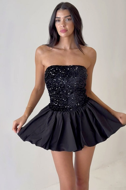 Strapless Sequin Bodice Pleated Pouf Bubble Hem Mini Dress