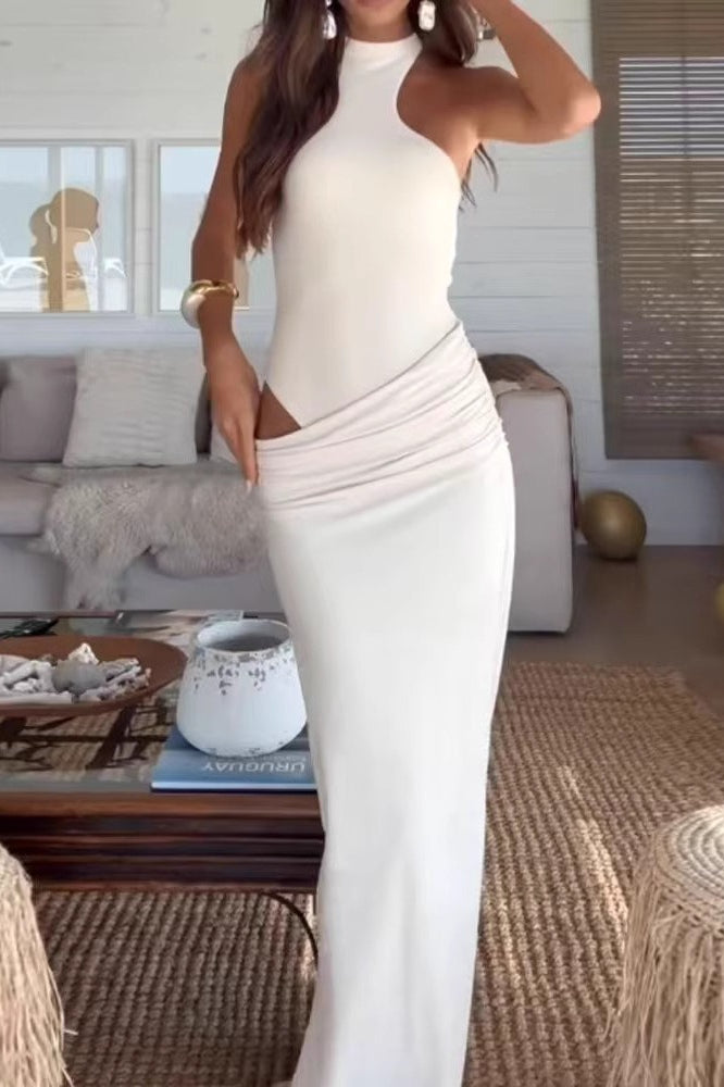 Halter Neck Ruched Waist Hip Cut Out Faux Two-Piece Maxi Dress