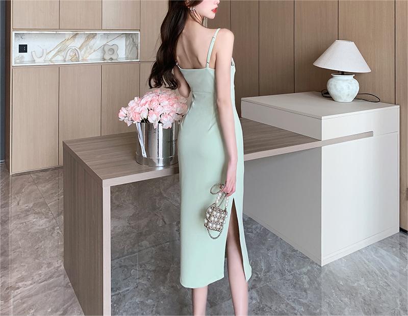 Asymmetric Pearl Strap Ruched Side Slit Bodycon Midi Dress